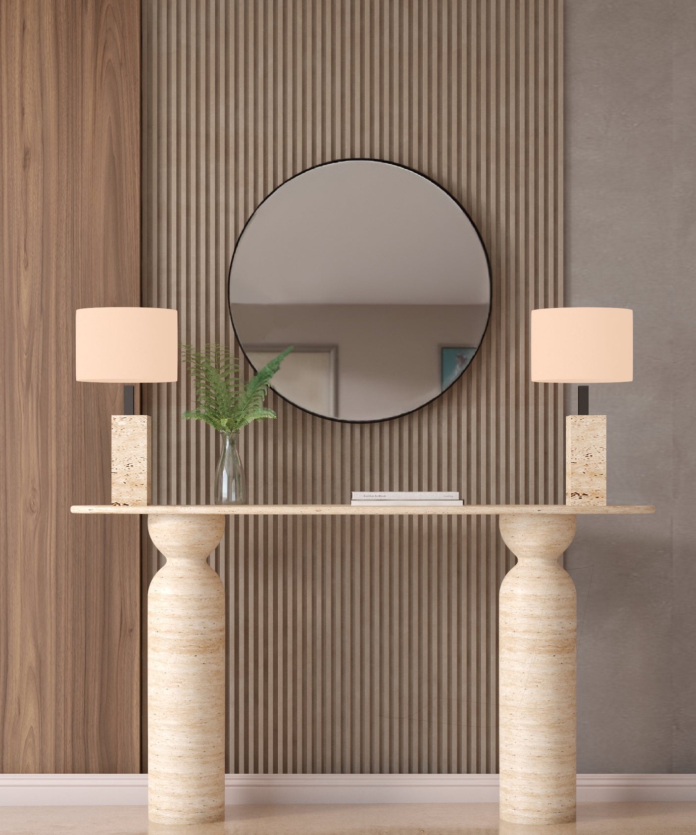 Ellips Travertine Console Table with Sculptural Round Base – Organic Travertine Stone Base
