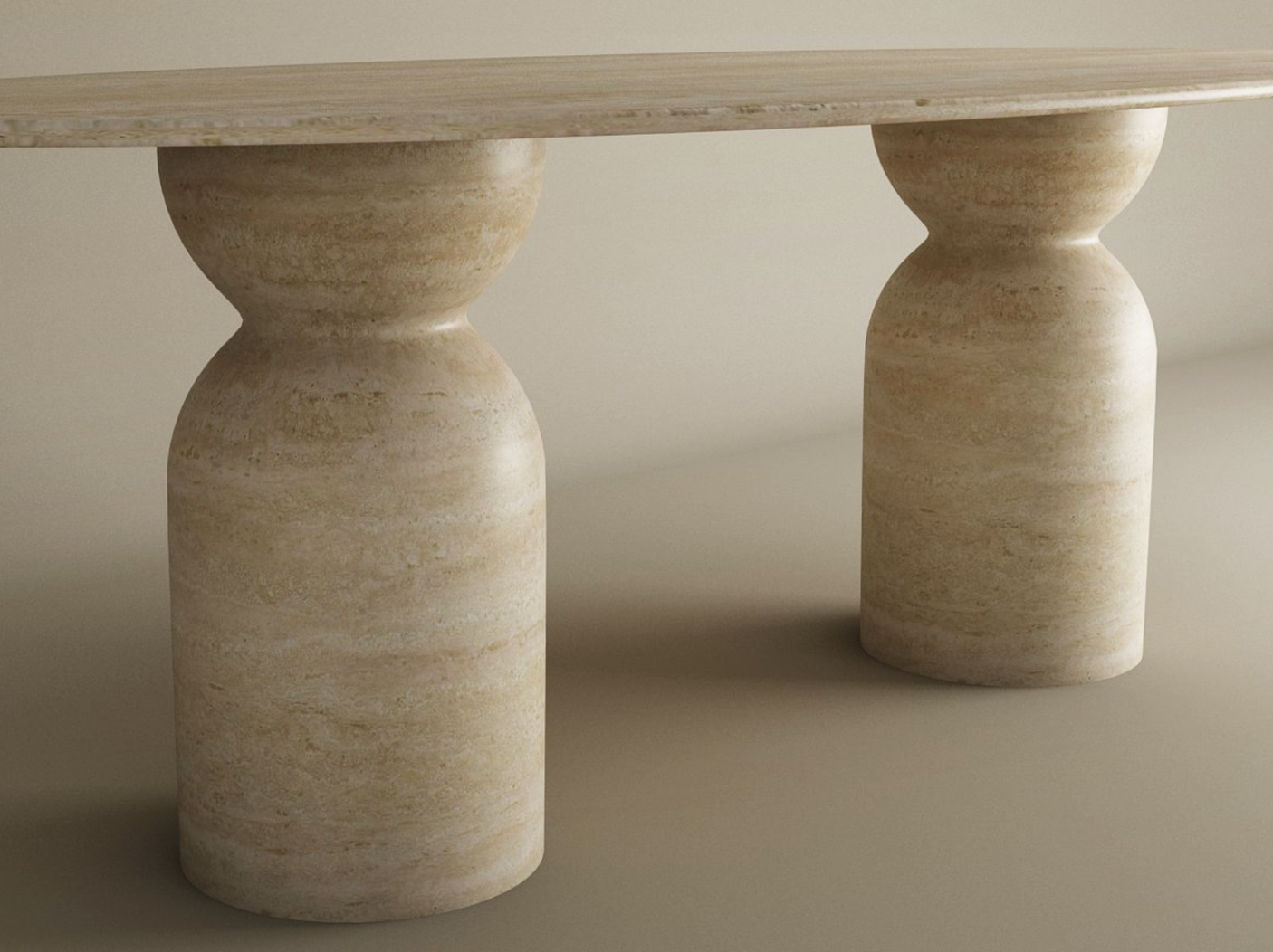 The TRAVERTABLE Ellips Travertine Dining Table features a customizable organic travertine stone top and sculptural round base, making it a timeless centerpiece designed to elevate any dining space.