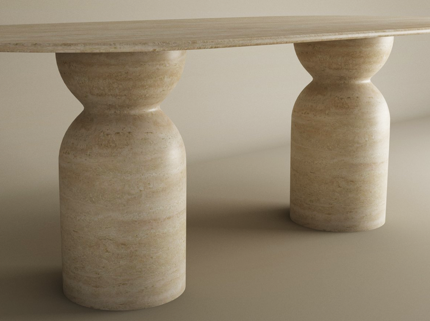 The TRAVERTABLE Oval Travertine Dining Table features a natural stone oval top and sculptural round base in beige travertine with organic veining, blending artistry and elegance. Customizable to suit your dining space.