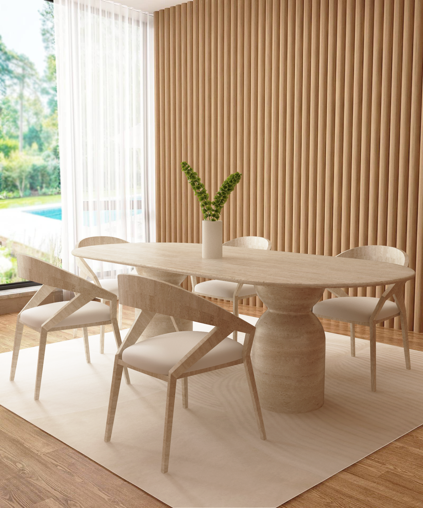 A modern dining room with a TRAVERTABLE Oval Travertine Dining Table featuring a sculptural round, organic stone base, five matching chairs, white vase with greenery, beige floor-to-ceiling panels, large window, and views of the garden and pool.