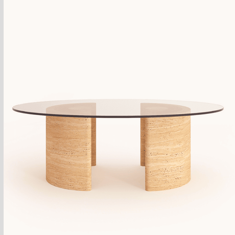 Travertine and glass coffee table showcasing natural stone and transparent elegance