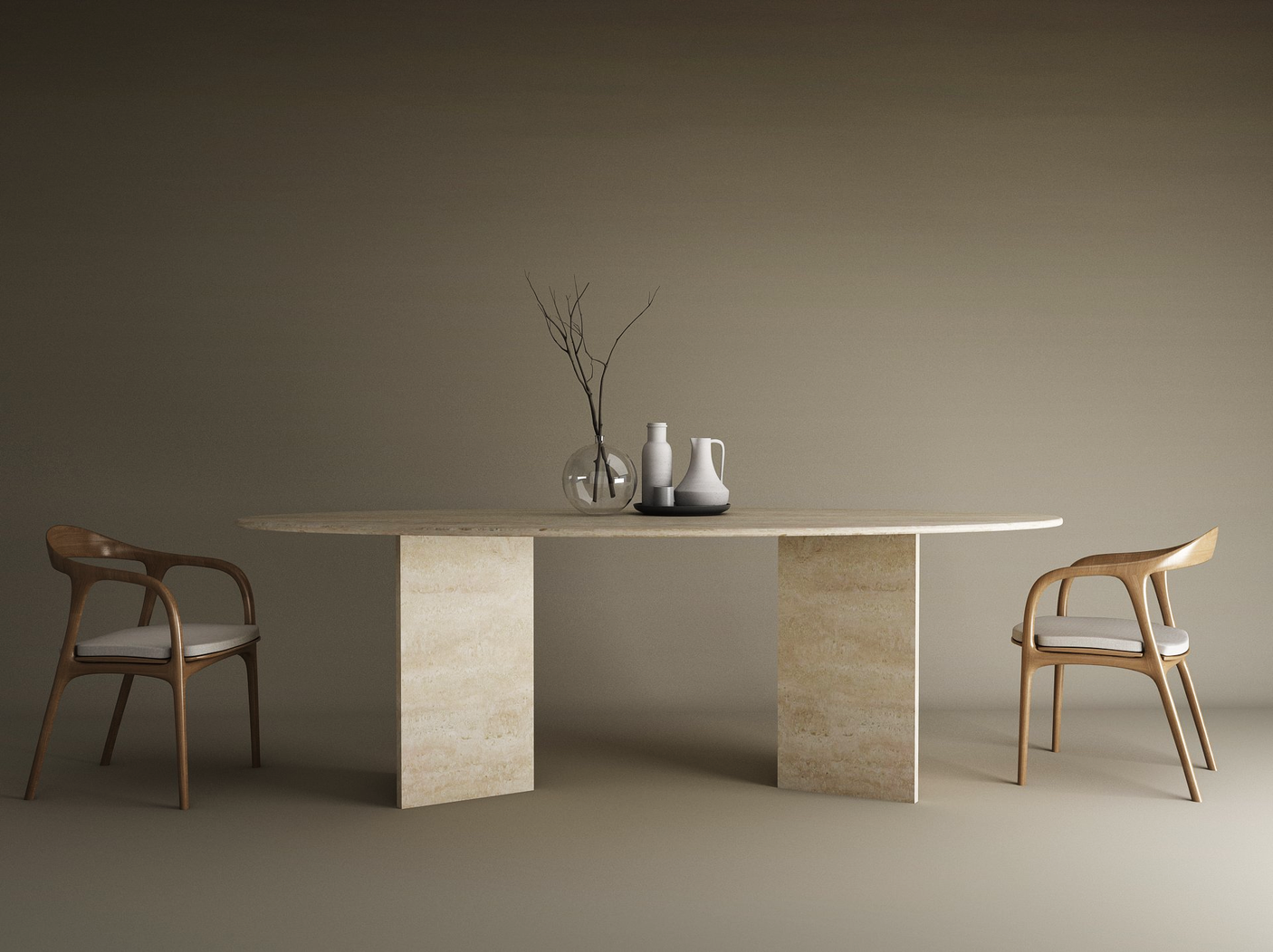 Minimalist scene with the TRAVERTABLE Ellips Travertine Dining Table (split-V Travertine stone base), two wooden chairs with white cushions, plus ceramic vases and a glass bowl with dry branches set against a beige backdrop.