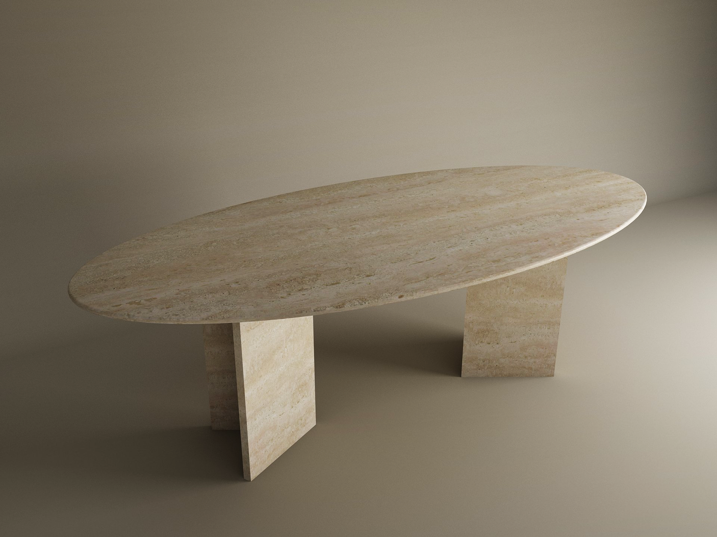 The TRAVERTABLE Ellips Travertine Dining Table features a smooth natural stone oval top and a split-V pedestal travertine base, set against a neutral backdrop—a customizable heirloom piece to elevate any space.