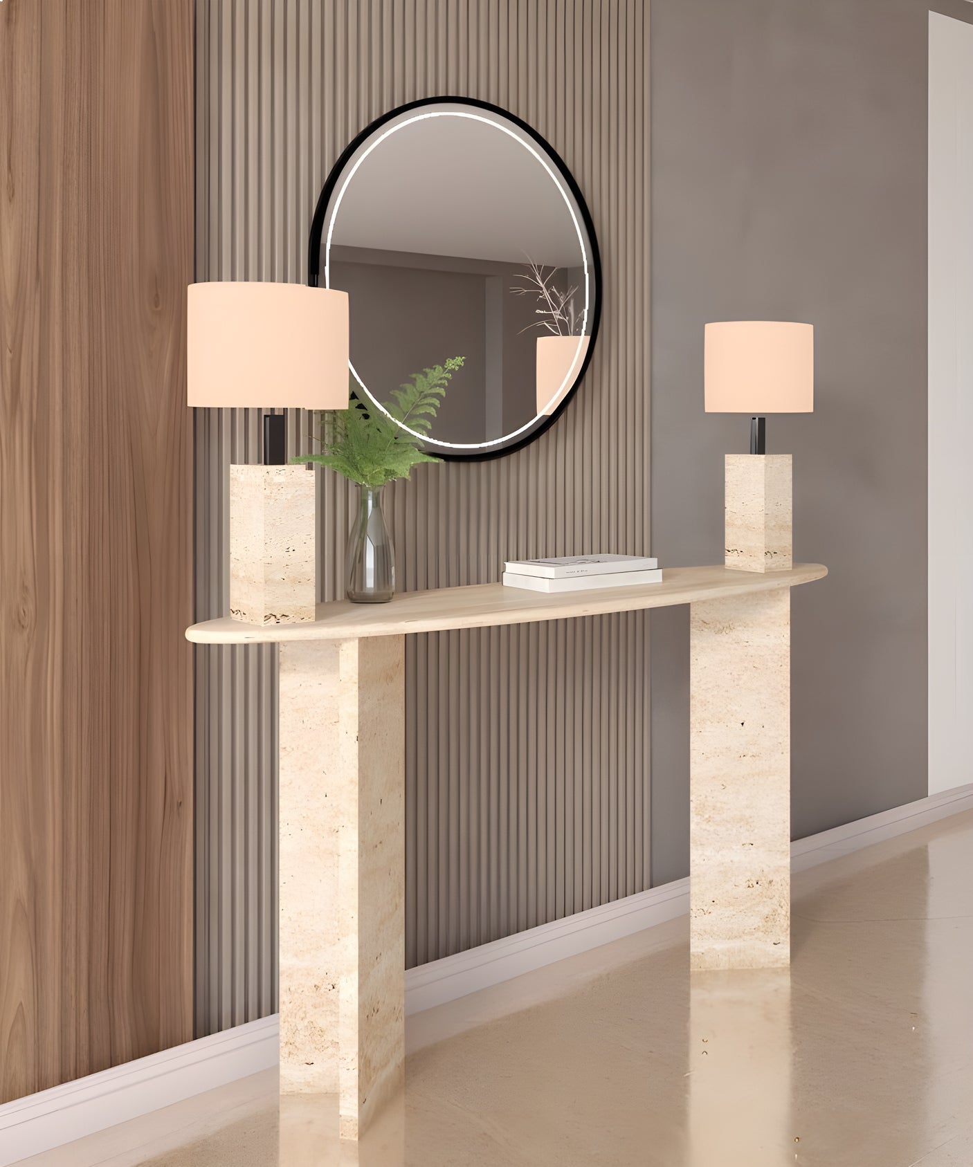 Ellips Travertine Console Table with Split-V Pedestal Base – Travertine Stone Base