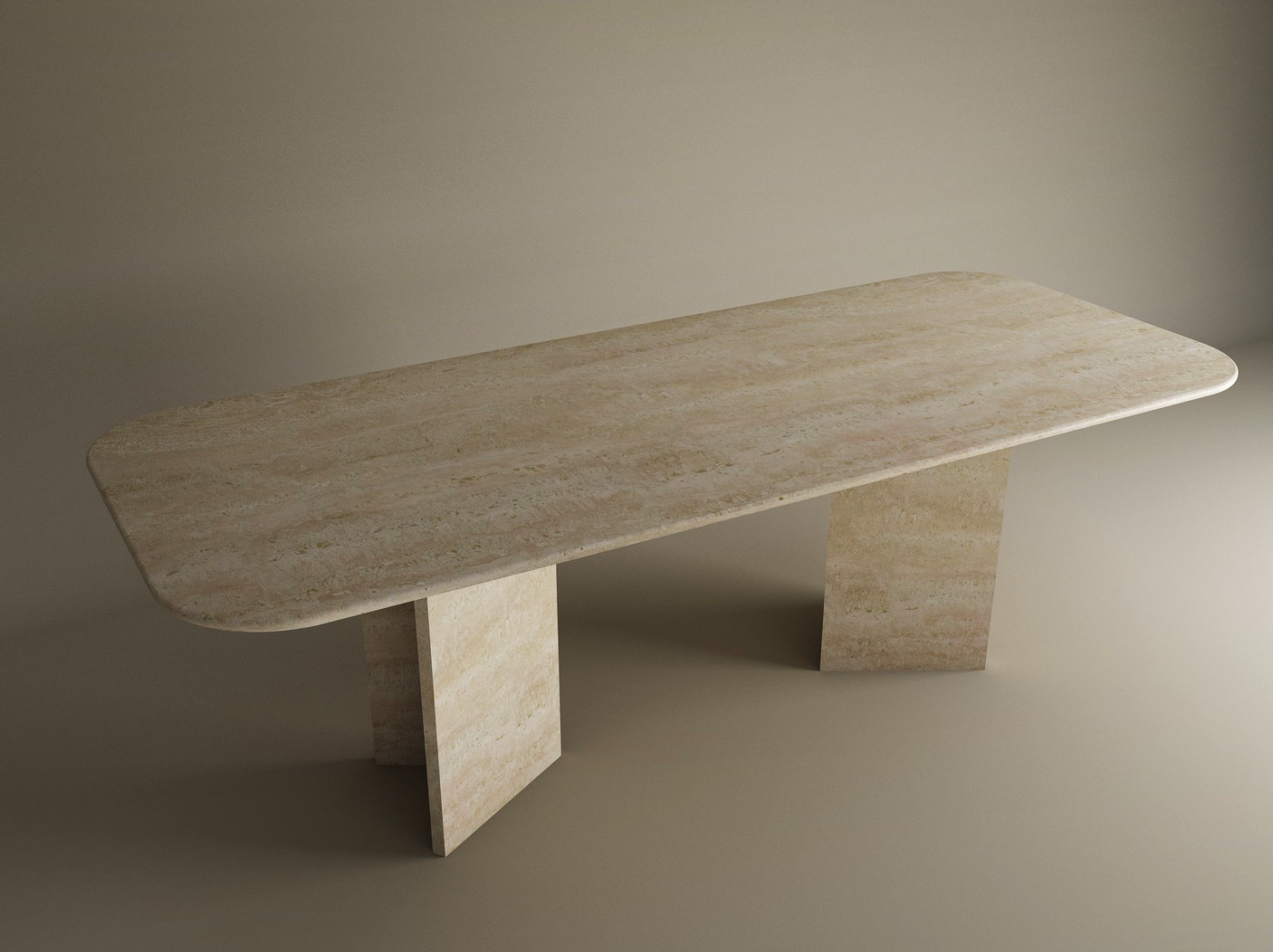 The TRAVERTABLE Rectangular Travertine Dining Table features a natural stone tabletop and a split-V travertine stone pedestal base, offering customizable options for a modern look against a neutral backdrop.