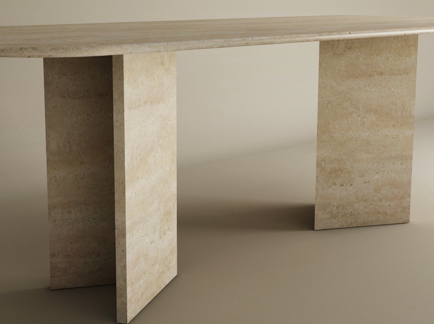 The TRAVERTABLE Rectangular Travertine Dining Table features a smooth beige travertine stone top and a split-V pedestal base, shown against a plain background. Customizable options available.