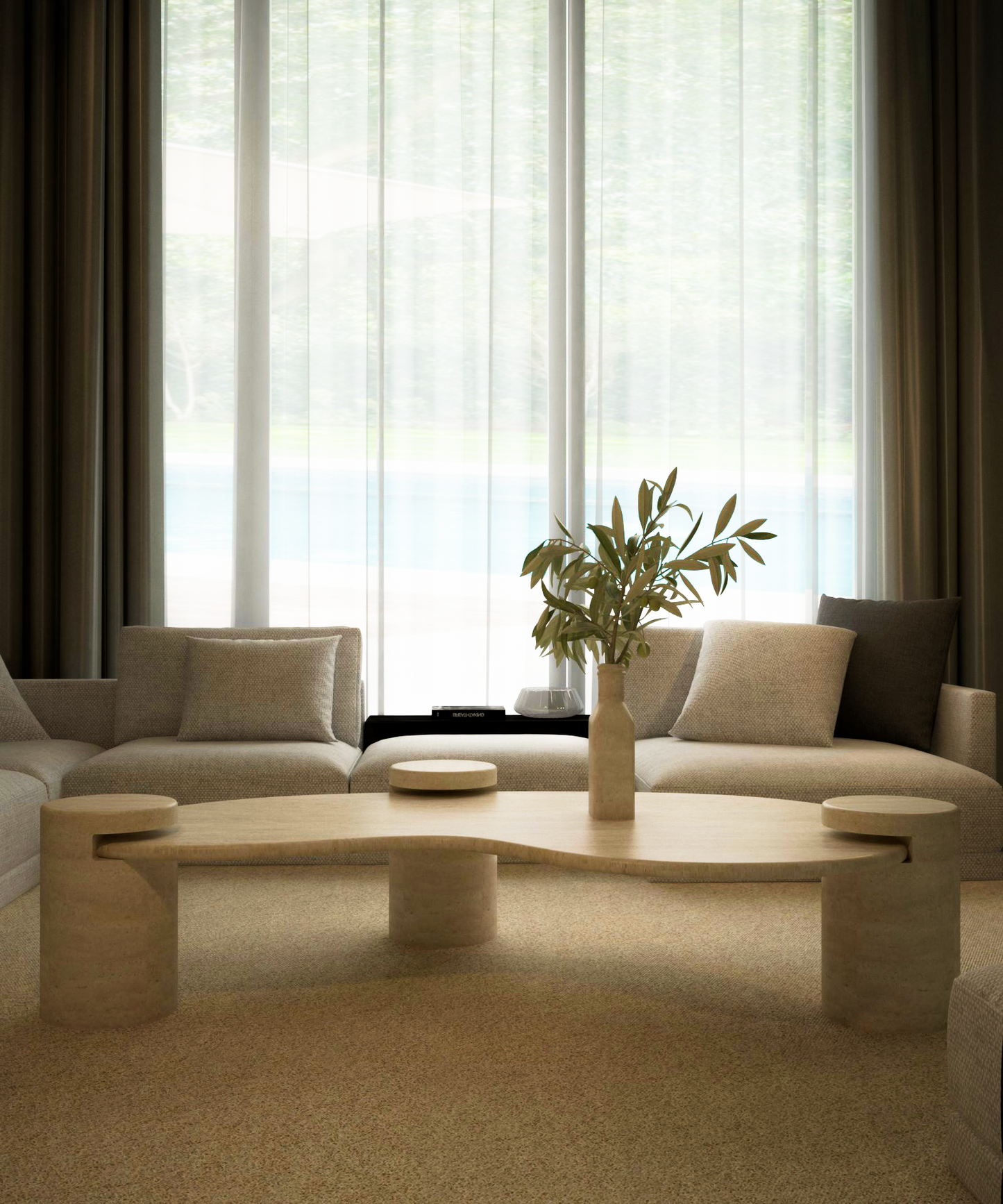 Wavy Travertine Coffee Table with Cylindrical Base – Organic Flow – Customizable