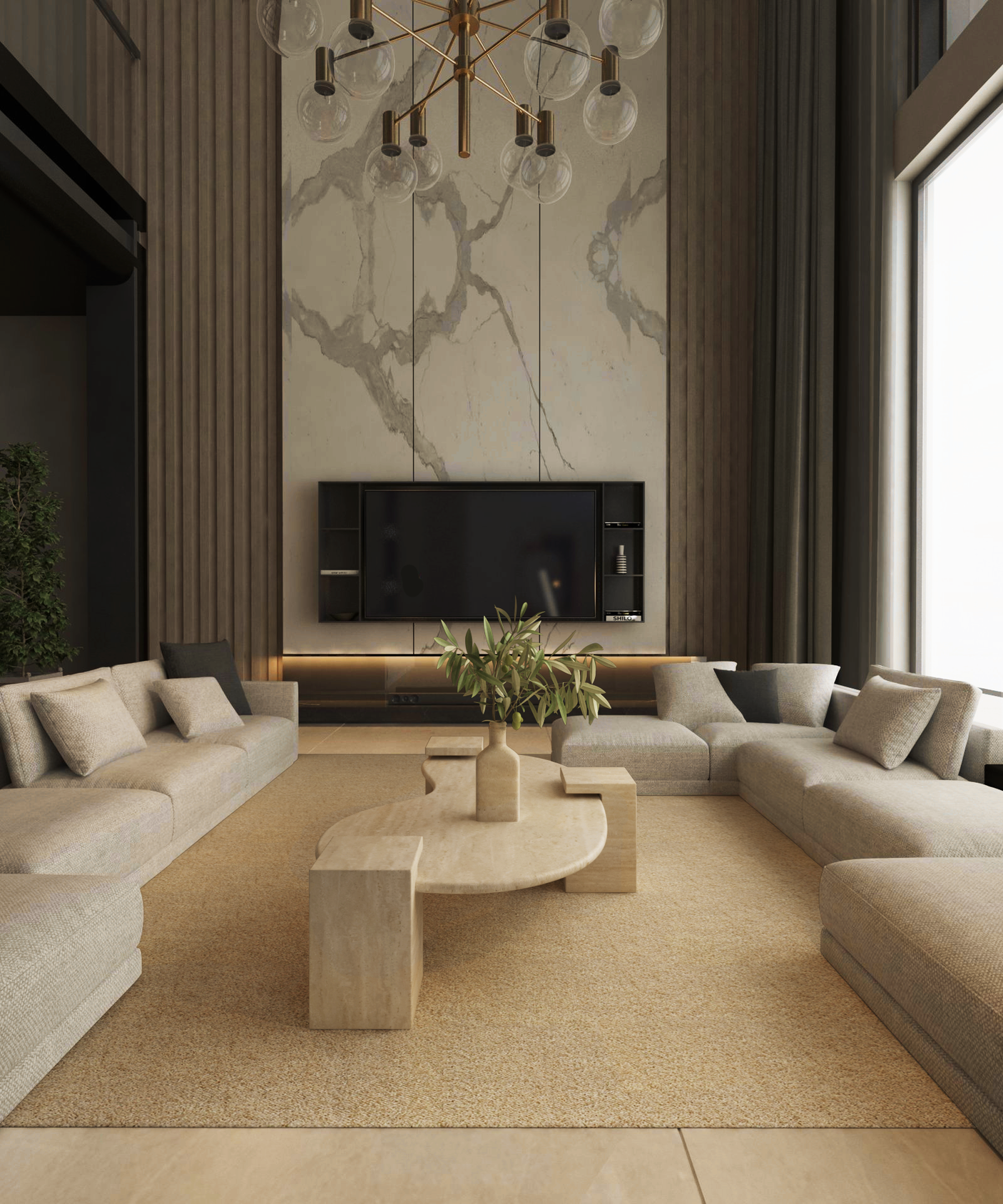 A modern living room with beige sectionals, a light tan rug, and the TRAVERTABLE Wavy Travertine Coffee Table with Square Base. A large TV is on a marble accent wall with vertical panels, black shelves, a gold chandelier, and large windows complete the look.
