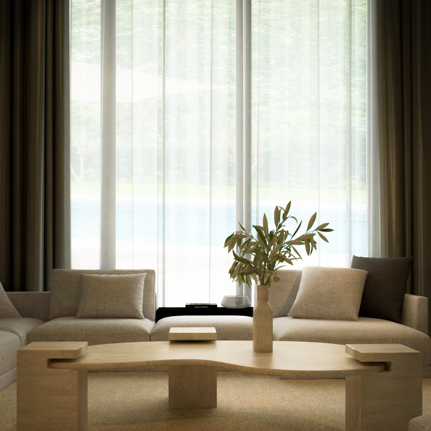 A modern living room features light beige sofas and TRAVERTABLEs Wavy Travertine Coffee Table with Square Base – Modern Form. A vase with green branches tops the table. Sheer curtains diffuse soft light from windows overlooking greenery and a pool.