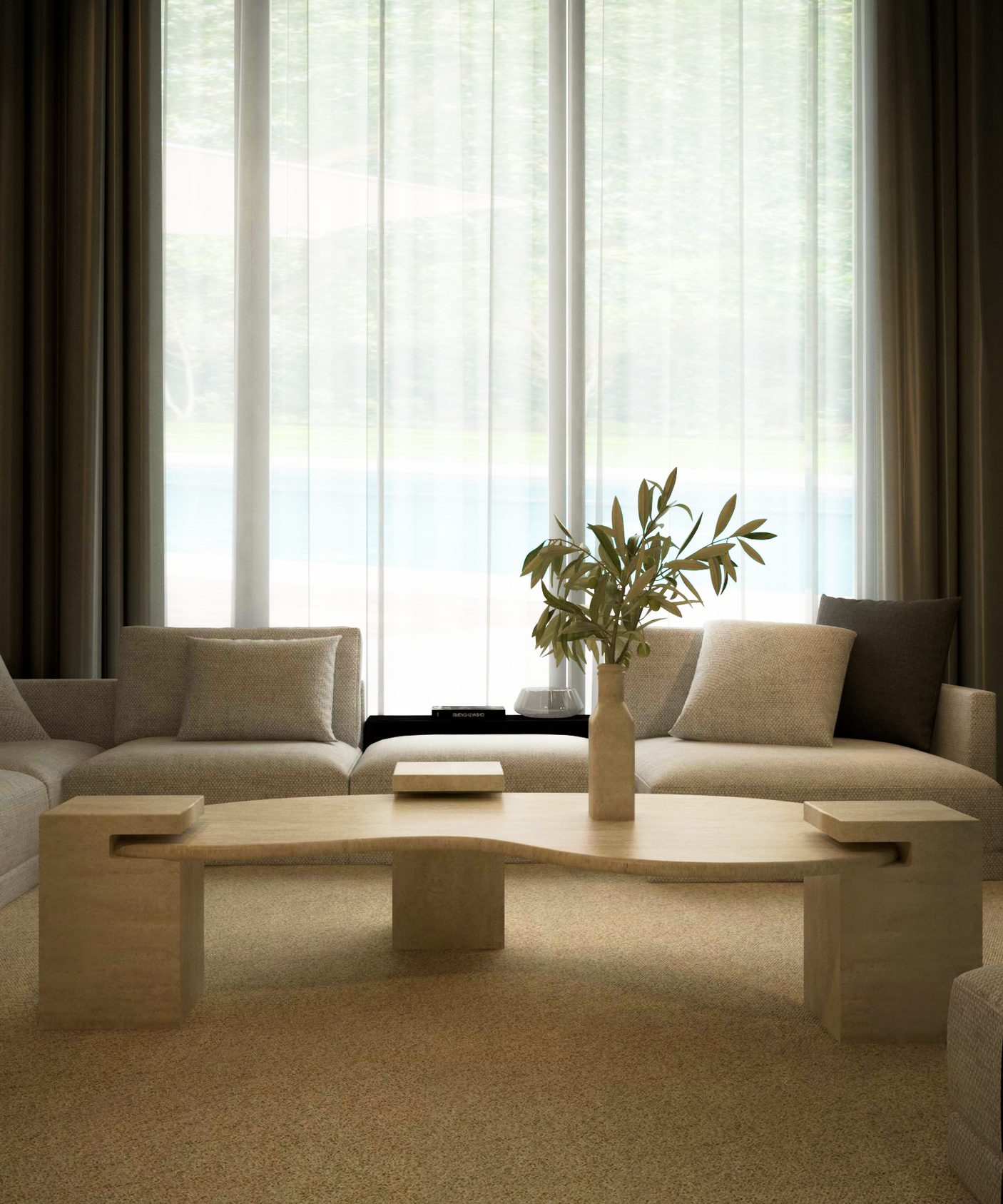 A modern living room features light beige sofas and TRAVERTABLEs Wavy Travertine Coffee Table with Square Base – Modern Form. A vase with green branches tops the table. Sheer curtains diffuse soft light from windows overlooking greenery and a pool.