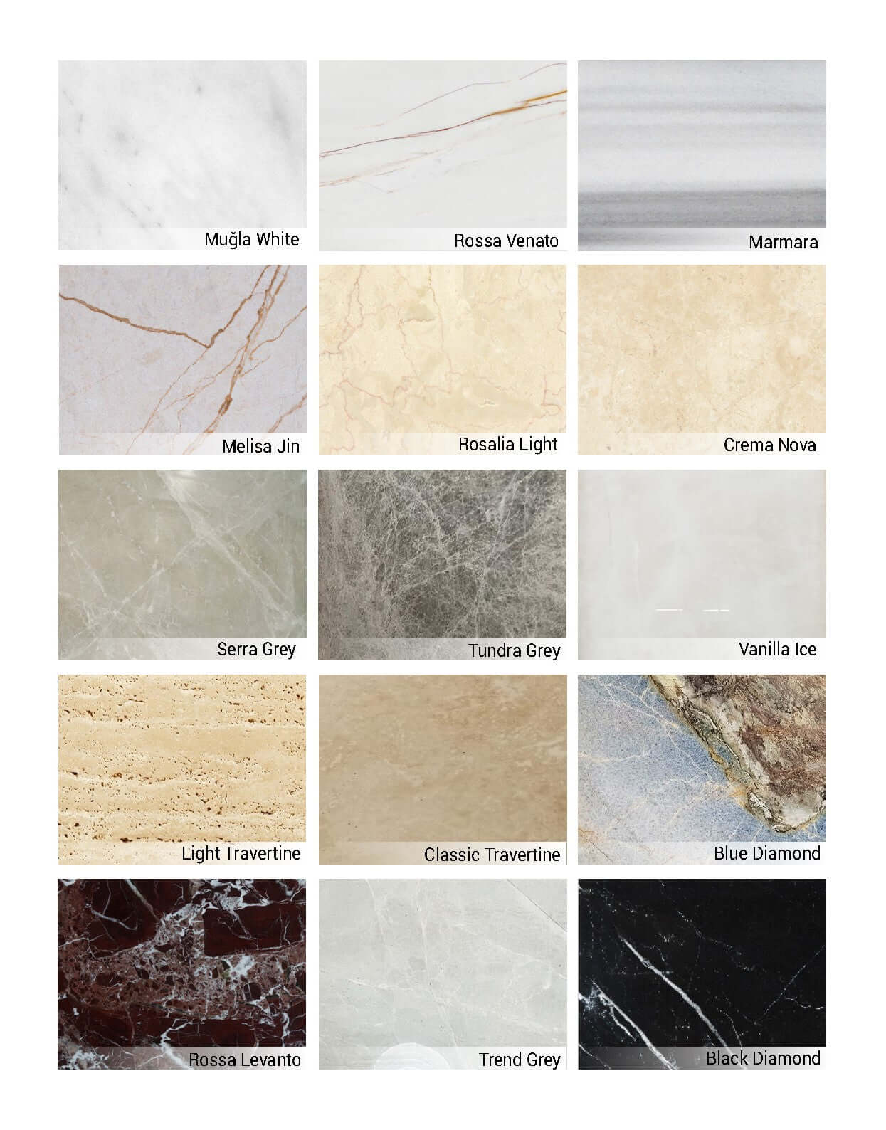 A grid of 15 marble samples, including Muğla White and Rossa Venato, displays a range of colors and patterns. Imagine these exquisite textures enhancing your space on a Travertable Arcadia Dining Table, customizable to highlight each unique veining and style.