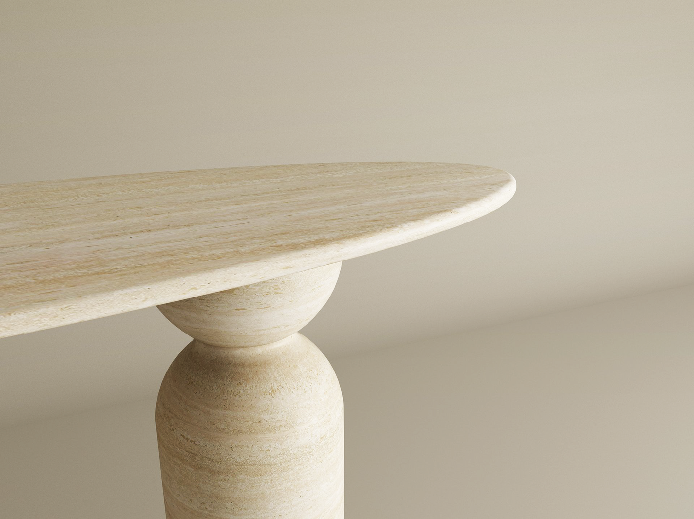 Ellips Travertine Console Table with Sculptural Round Base – Organic Travertine Stone Base