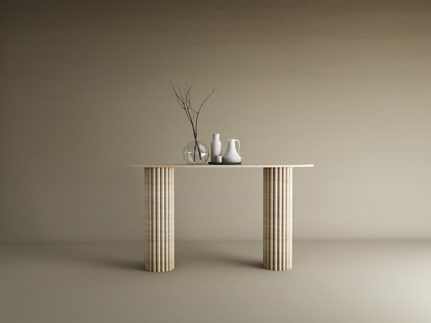 Ellips Travertine Console Table with Vertical Groove Base – Organic Stone Base – Customizable Console Table