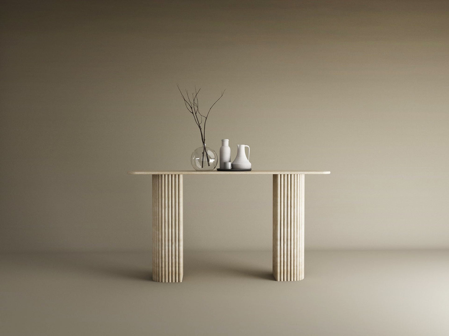 Rectangular Travertine Console Table with Fluted Round Base – Solid Travertine Stone Base – Customizable Console Table