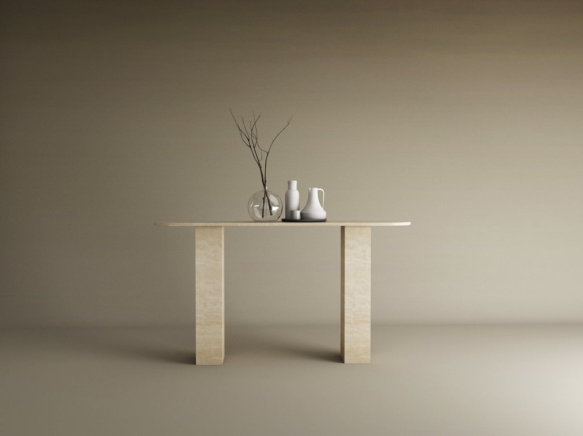 Ovale Travertine Console Table with Rectangular Pedestal Base – Travertine Stone Base