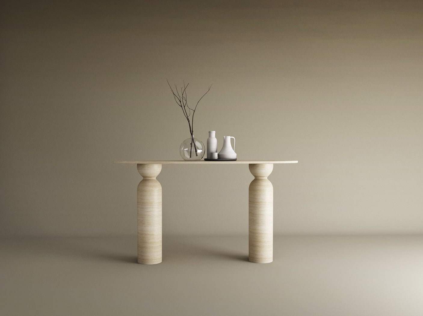 Ellips Travertine Console Table with Sculptural Round Base – Organic Travertine Stone Base