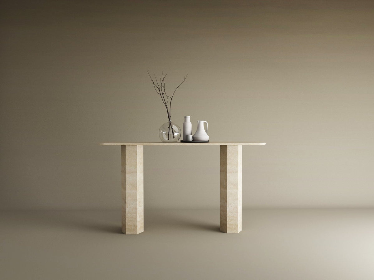 Rectangular Travertine Console Table with Hexagonal Pedestal Base – Organic Stone Base