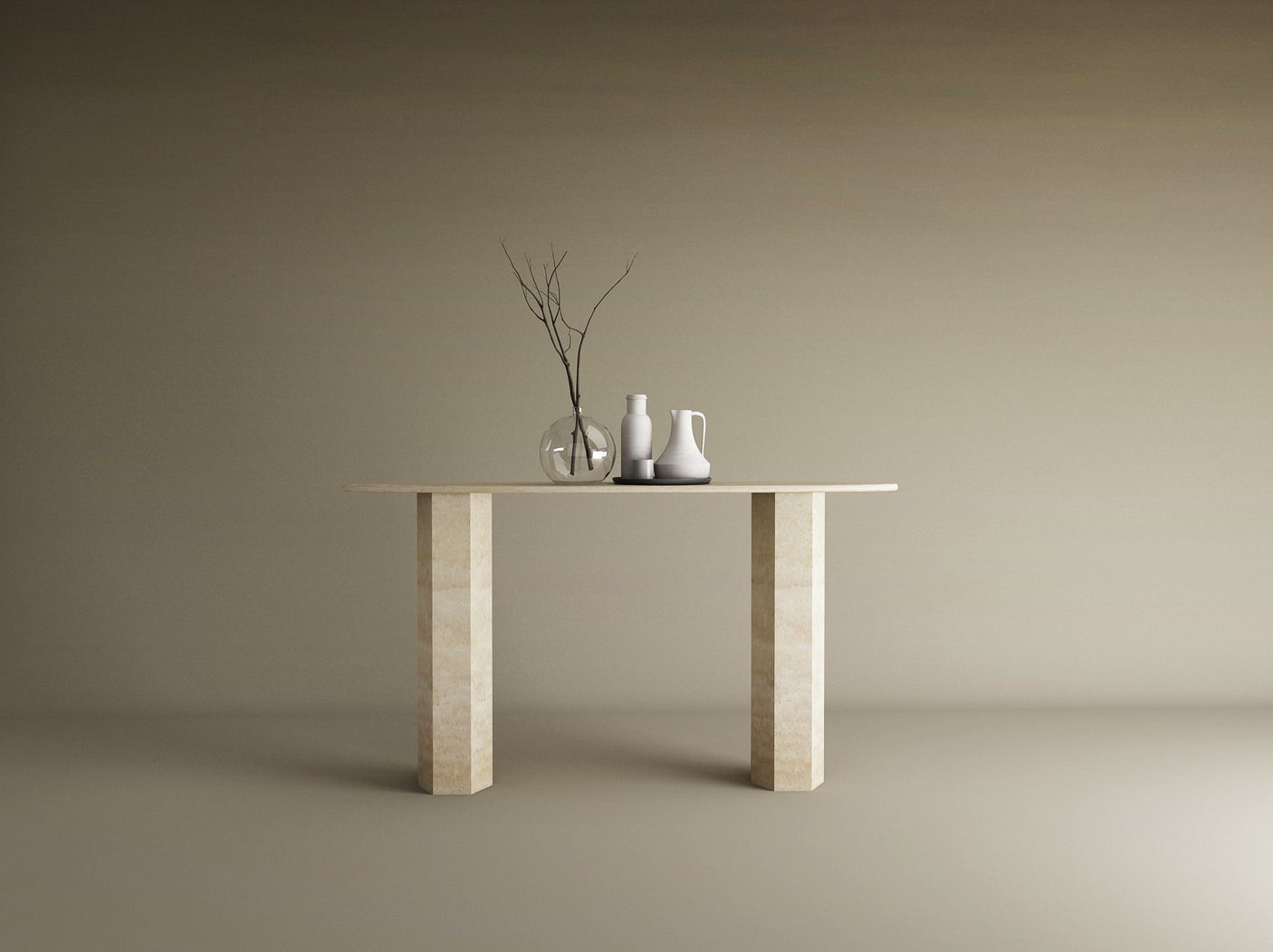 Ellips Travertine Console Table with Hexagonal Pedestal Base – Organic Stone Base