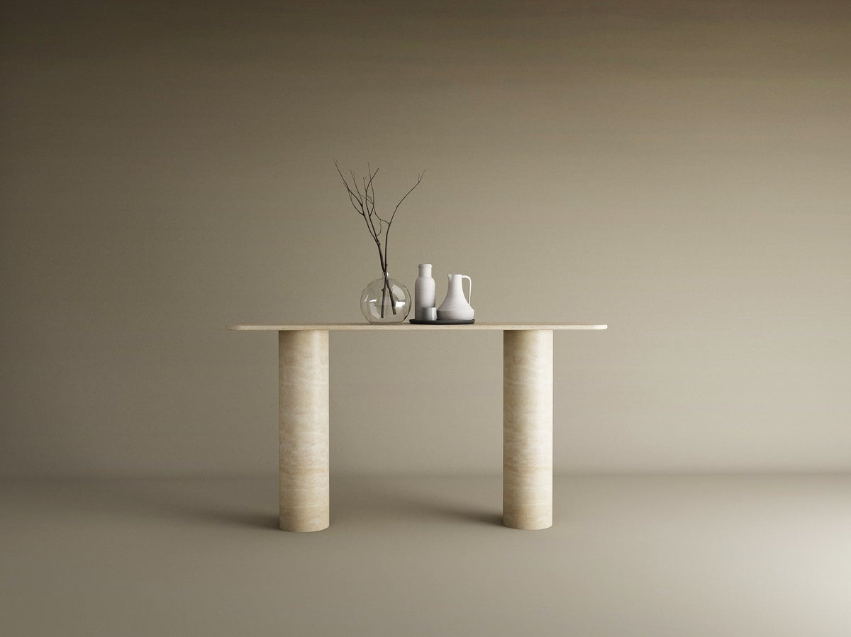 Rectangular Travertine Console Table with Smooth Cylinder Base – Pure Travertine Stone Base