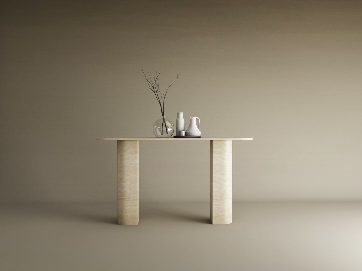 Ovale Travertine Console Table with Sloped Pedestal Base – Natural Stone Base