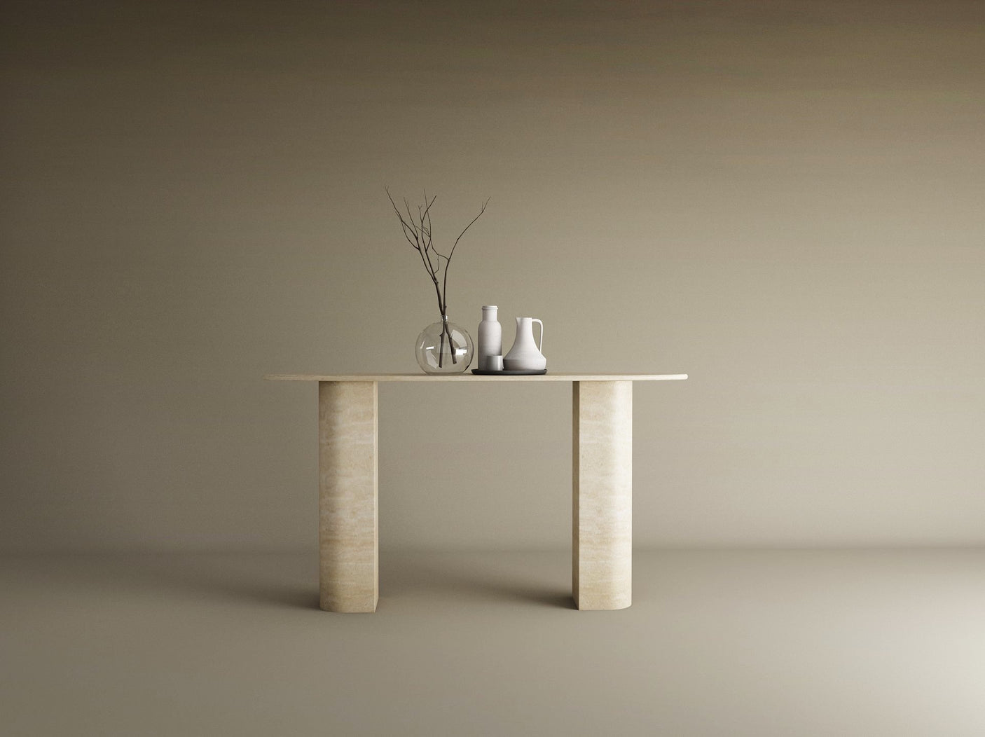 Ellips Travertine Console Table with Sloped Pedestal Base – Natural Stone Base