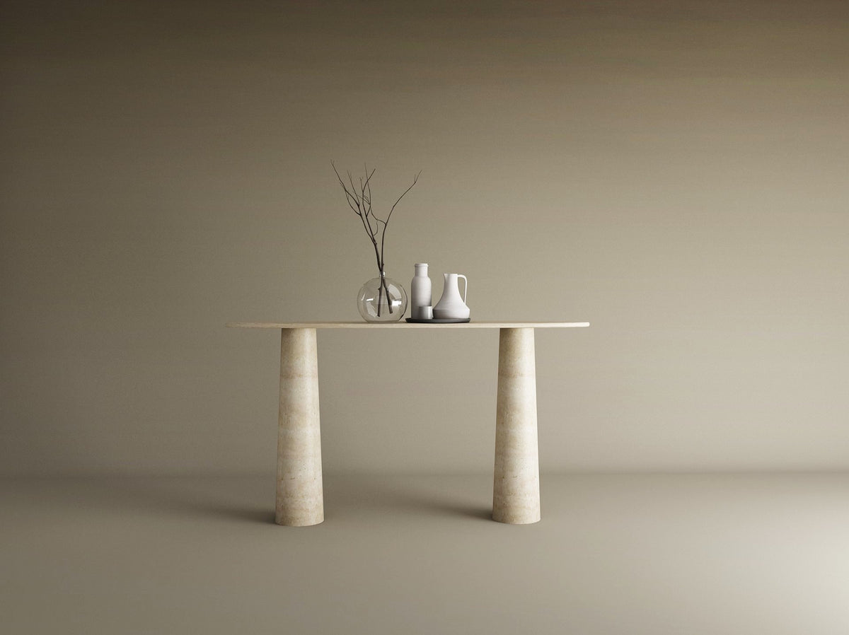 Ellips Travertine Console Table with Conical Pedestal Base – Organic Travertine Stone Base