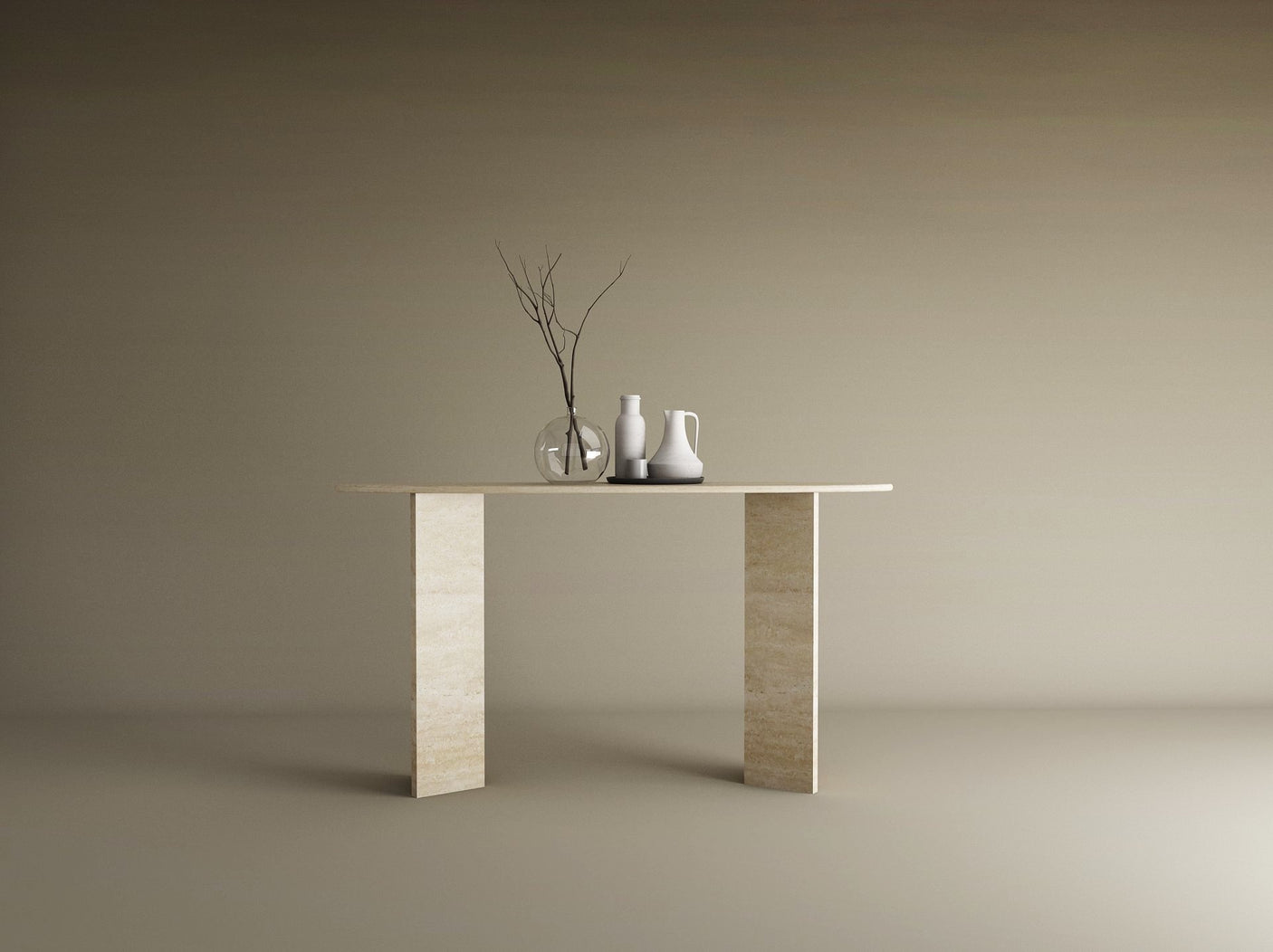 Ellips Travertine Console Table with Split-V Pedestal Base – Travertine Stone Base