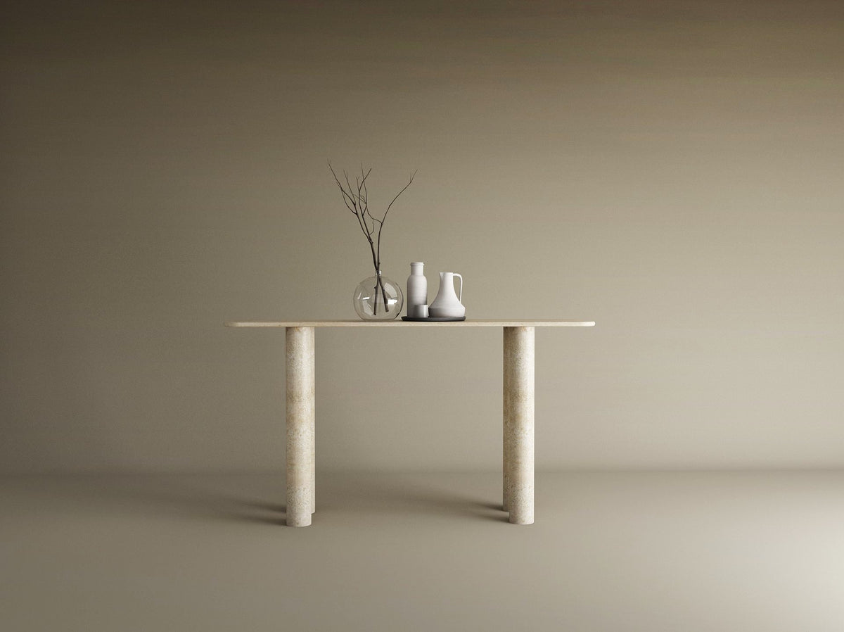 Rectangular Travertine Console Table with Cylindrical Base – Pure Travertine Stone Base