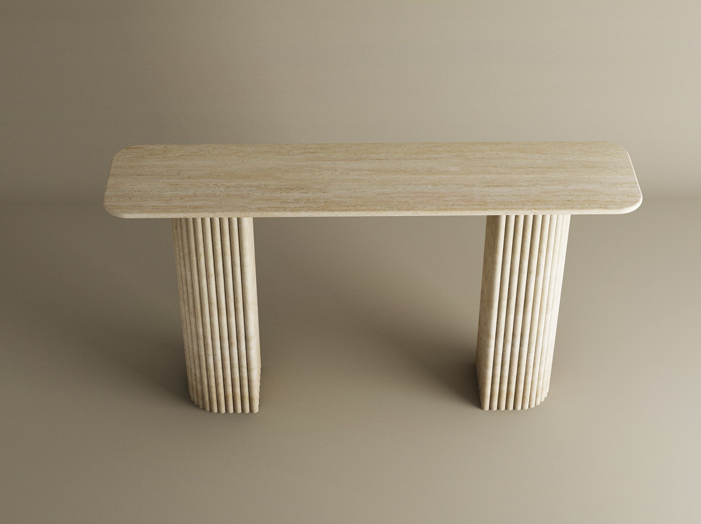Rectangular Travertine Console Table with Fluted Round Base – Solid Travertine Stone Base – Customizable Console Table