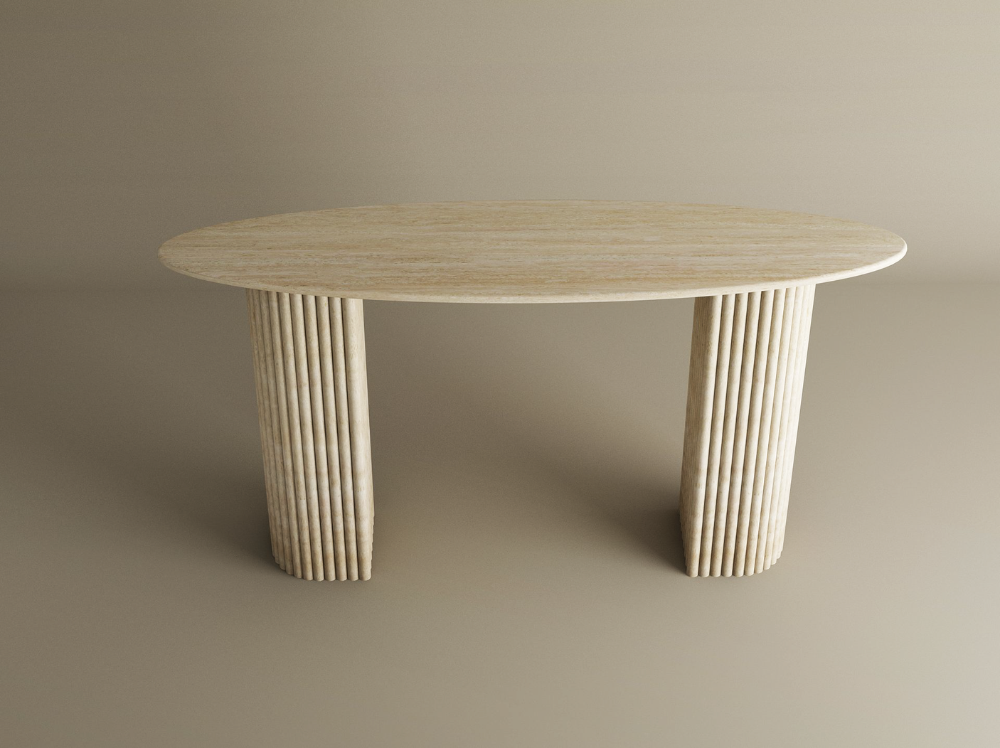 The TRAVERTABLE Ellips Travertine Console Table features a smooth top and two fluted round bases in solid travertine, blending sculptural elegance with minimalist design—refined luxury for any neutral setting.