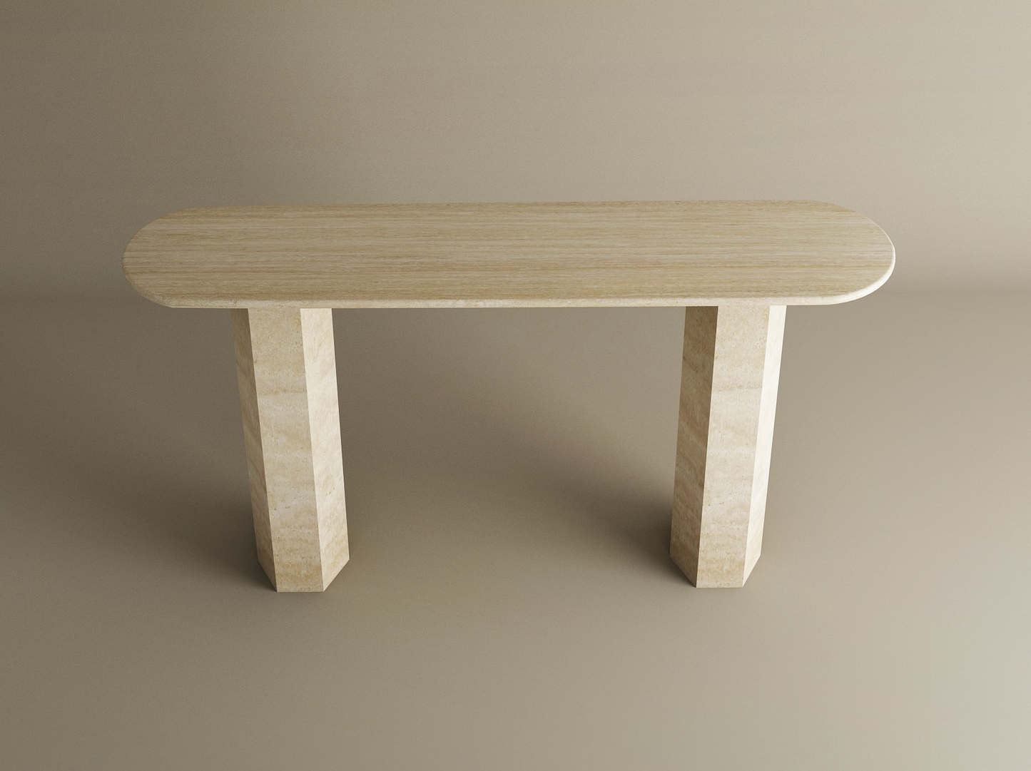 Ovale Travertine Console Table with Hexagonal Pedestal Base – Organic Stone Base – Customizable Console Table