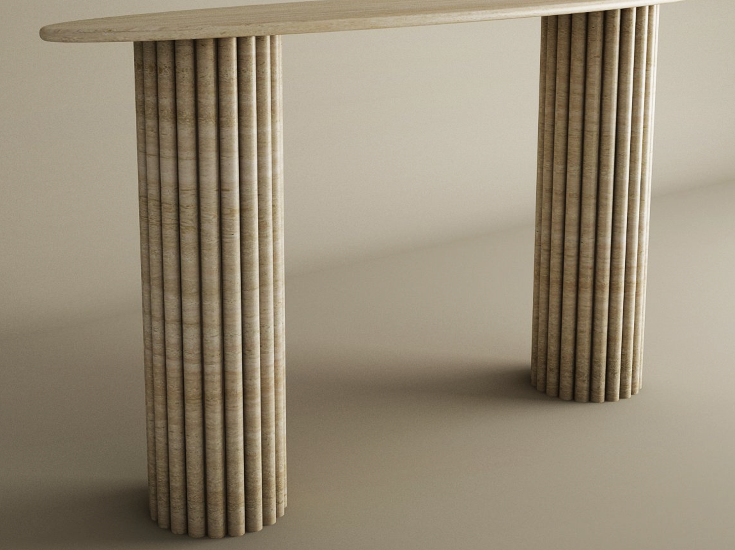 Ellips Travertine Console Table with Vertical Groove Base – Organic Stone Base – Customizable Console Table