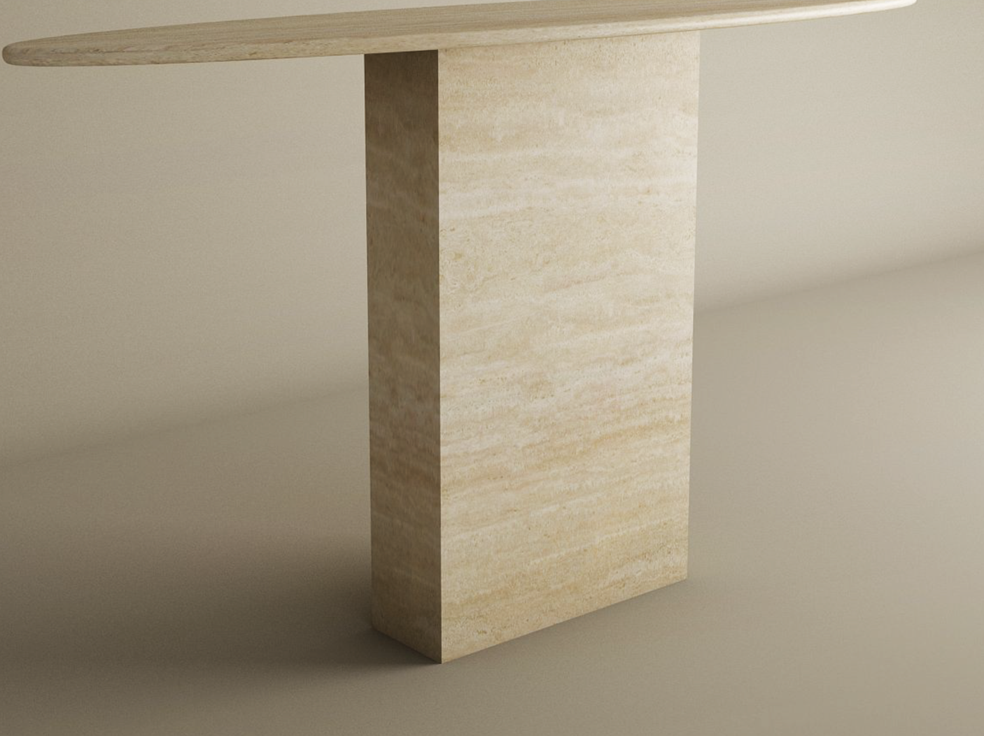 The Ellips Travertine Console Table by TRAVERTABLE features an oval top and block natural stone base in light beige, showcasing minimalist elegance. Customizable and perfect against a plain background.