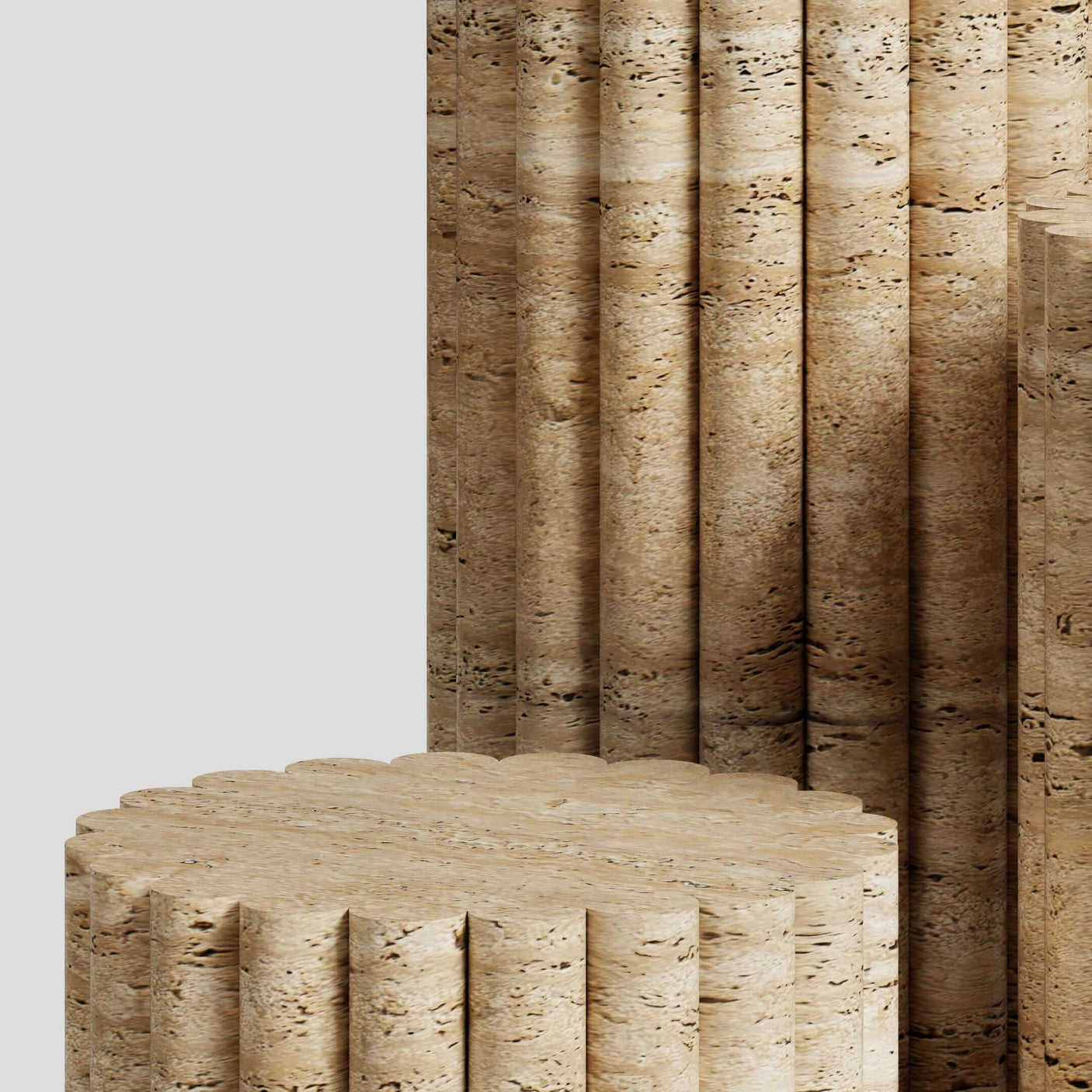 The Travertable Travertine Elegance Pillar Trio, featuring textured vertical columns and a round stool, evokes travertine pedestals with a grooved, cylindrical design crafted from natural stone or cork-like material, set against a plain light gray background.
