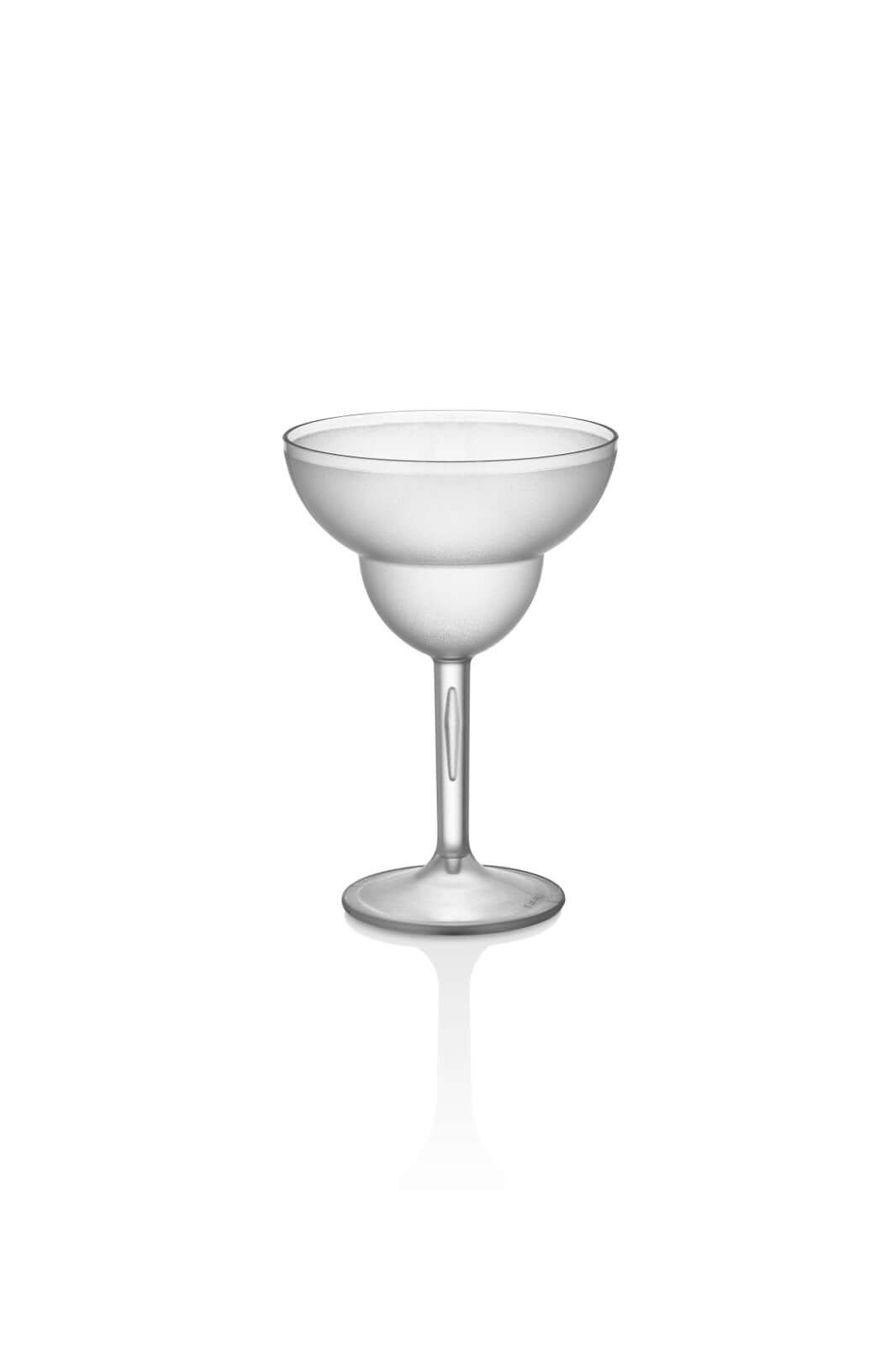 A classic, frosted martini glass from the Mamaco Home Unbreakable Margarita Glass Kit sits centered on a white background, showcasing its smooth, curved shape and long stem. Despite its durable design, it maintains transparency for a subtle light reflection.