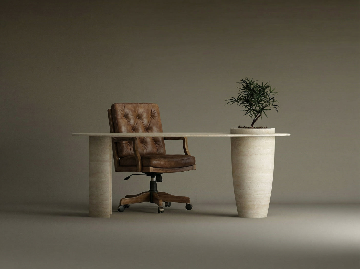 Versatile Travertine Office and Dining Table with Built-in Vase