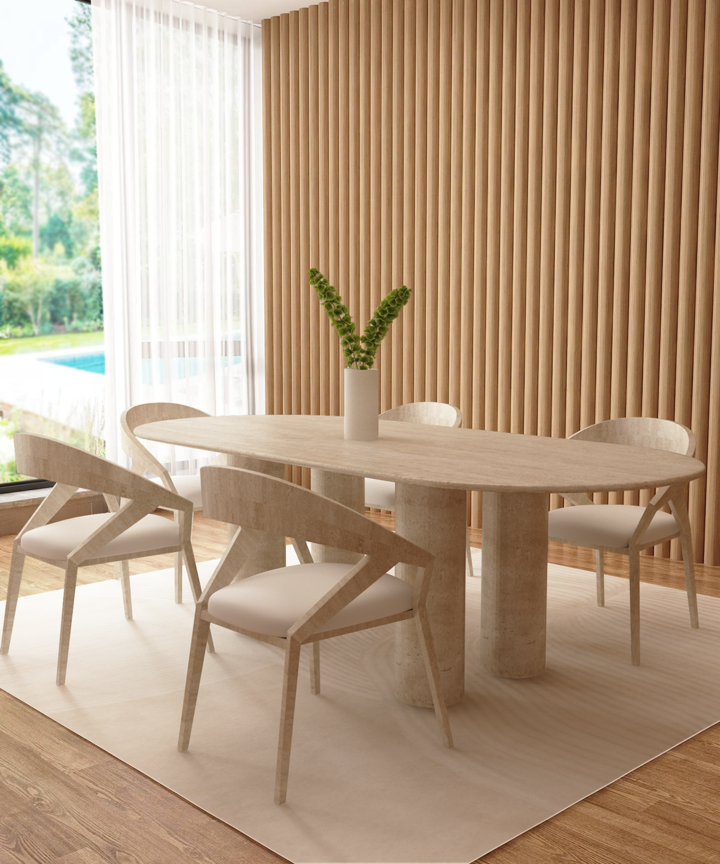 A modern dining area features TRAVERTABLEs Oval Travertine Dining Table with Cylindrical Base, four chairs with white cushions, a tall vase of greenery as centerpiece, vertical wood paneling, and large windows displaying lush outdoor views.