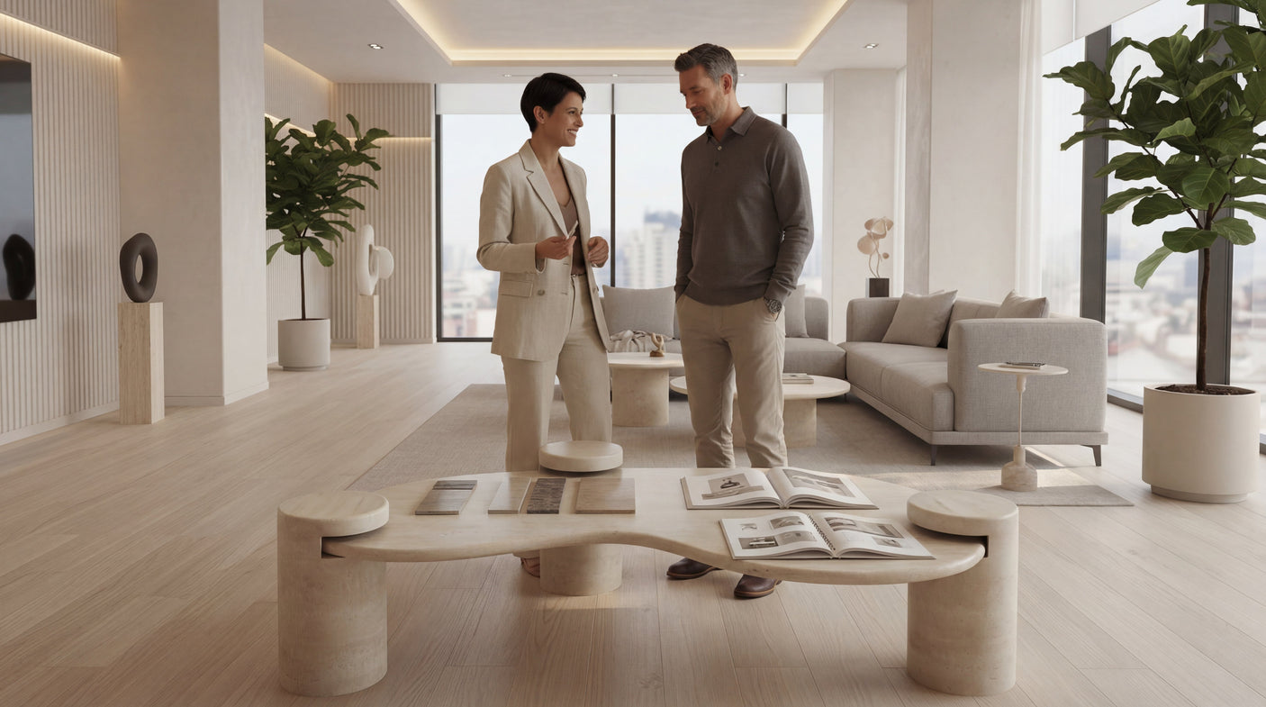 Wavy Travertine Coffee Table with Cylindrical Base
