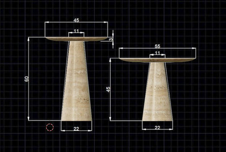 Design schematic of Twin Pillars Travertine Side Table Set by Travertable on a grid background, showcasing natural elegance. Left table: 60 height, 45 top diameter, 22 base width. Right table: 45 height, 55 top diameter, matching base width in architectural balance.