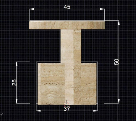 A technical drawing featuring the Travertine Scepter Side Table by Travertable, a unique architectural form in honed travertine, with top measures of 45 cm wide, a vertical section 50 cm tall, and base dimensions of 37 cm wide by 25 cm high.
