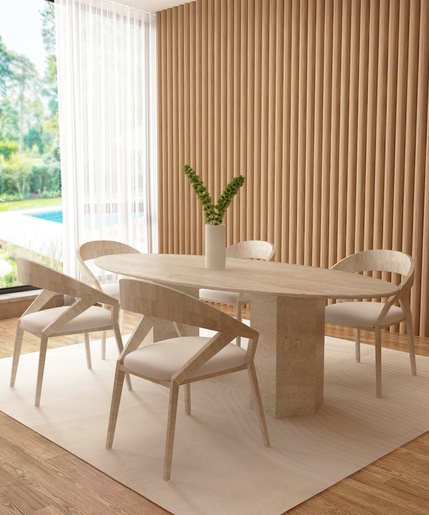 A modern dining room featuring the TRAVERTABLE Ellips Travertine Dining Table with a hexagonal pedestal base, four matching chairs, a white vase with green foliage, light wood paneling, and large windows overlooking a garden and pool.