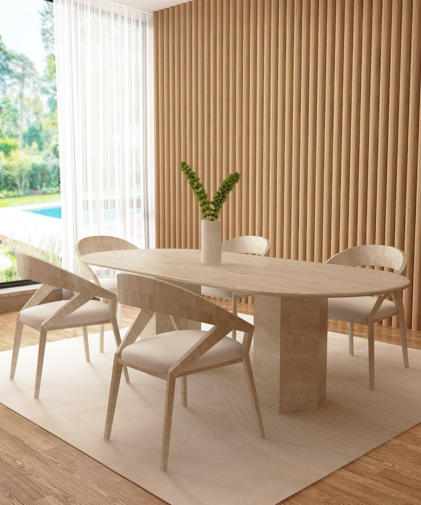 A modern dining room with the TRAVERTABLE Oval Travertine Dining Table featuring a hexagonal pedestal base, four matching chairs, a white vase with green leaves, light wood floors, neutral rug, and floor-to-ceiling windows overlooking greenery and a pool.