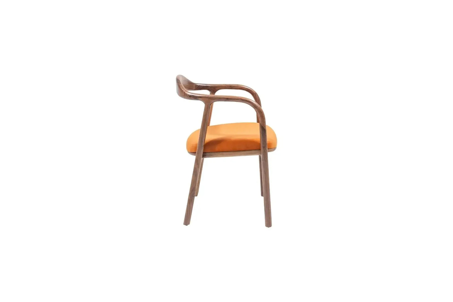 The Travertable Contemporary Curve Armchair boasts a striking modern design with a sleek wooden frame, vibrant orange fabric seat, and elegantly curved backrest. The integrated armrests enhance its contemporary flair, set against a plain white background.