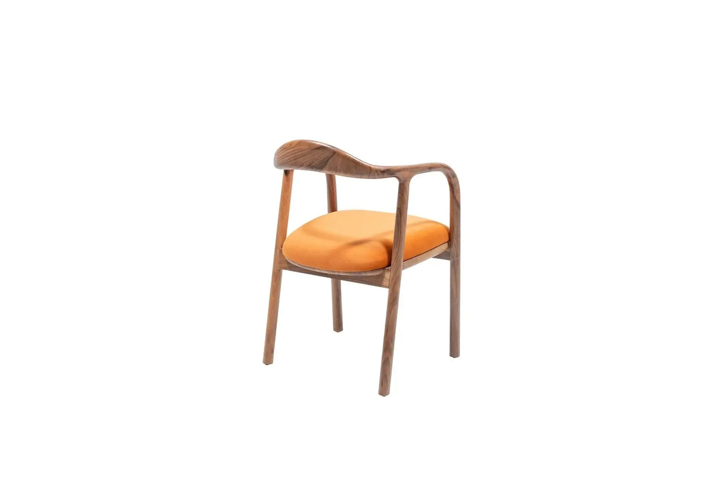 The Travertable Contemporary Curve Armchair features a wooden frame with a curved backrest and four slender legs. Its vibrant orange fabric seat contrasts against a plain white background, embodying modern design.
