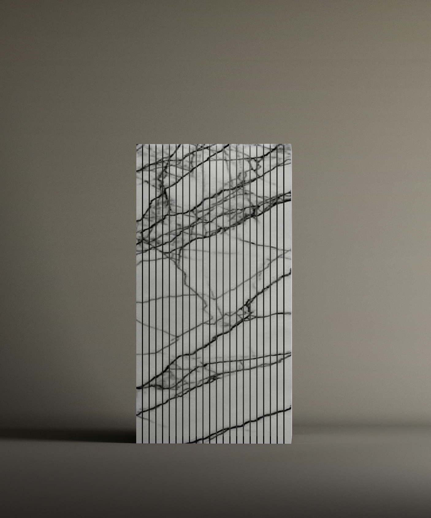 The Lilac Square Fluted Marble Pedestal Vanity Sink by TRAVERTABLE stands upright against a neutral background, its white marble with black veining and even vertical grooves making it an elegant centerpiece.