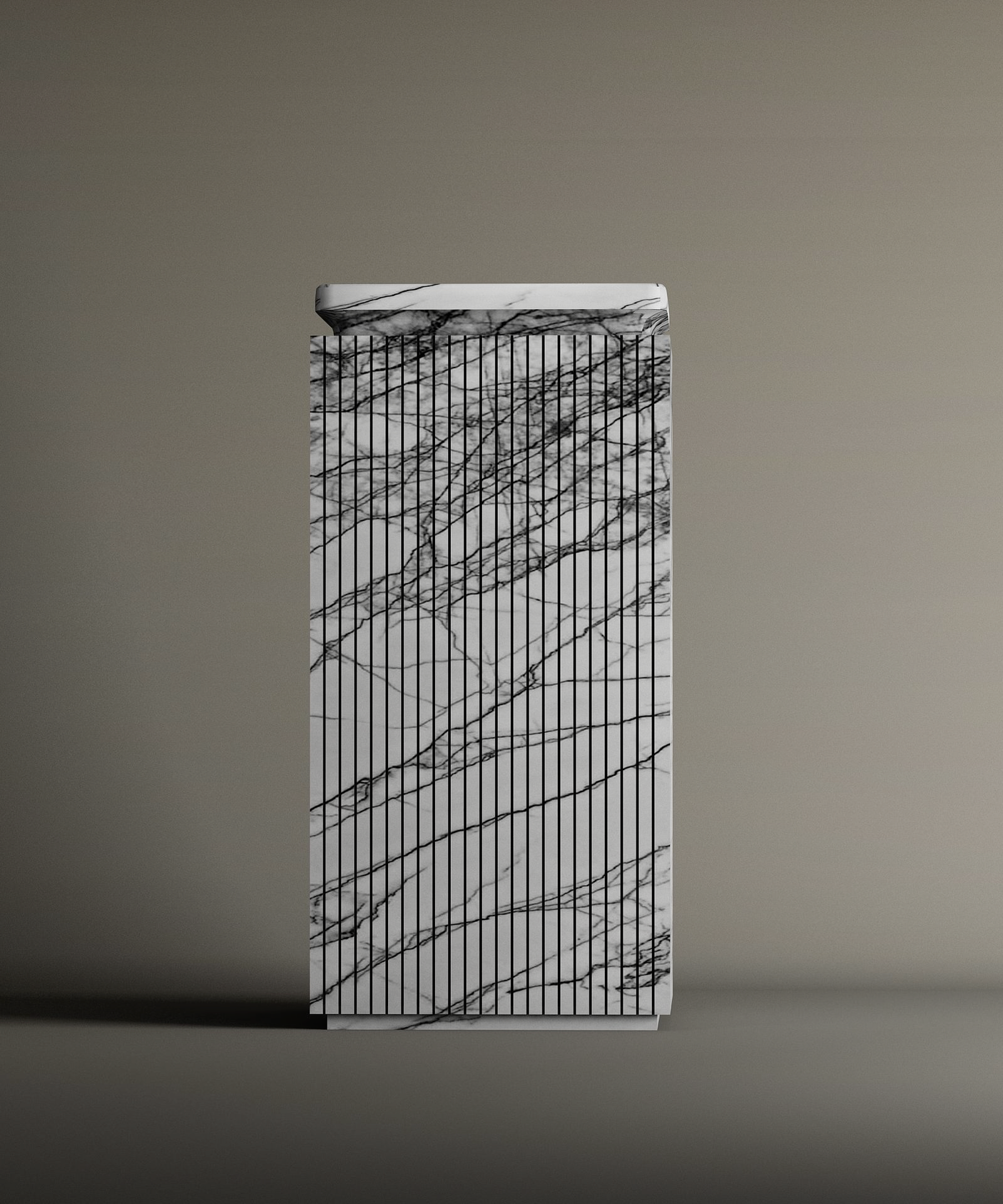 The TRAVERTABLE Lilac Square Marble Pedestal Vanity Sink features vertical black lines and natural dark veining, adding architectural presence against a neutral backdrop with soft lighting casting a shadow to the left.