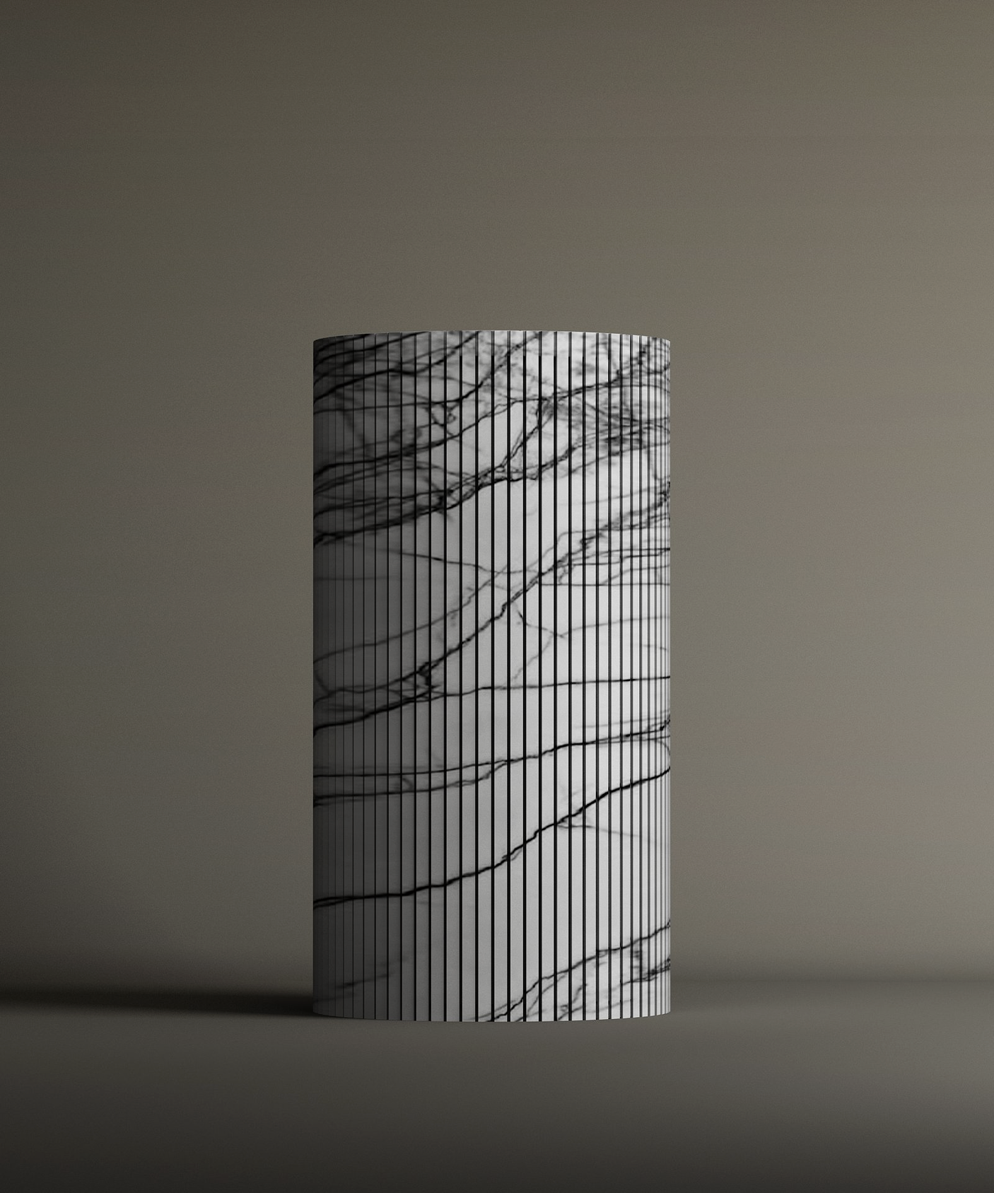 The TRAVERTABLE Lilac Round Fluted Marble Pedestal Vanity Sink features a white cylindrical design with sculptural fluting, vertical black lines, and irregular marble-like streaks, set against a plain neutral background.