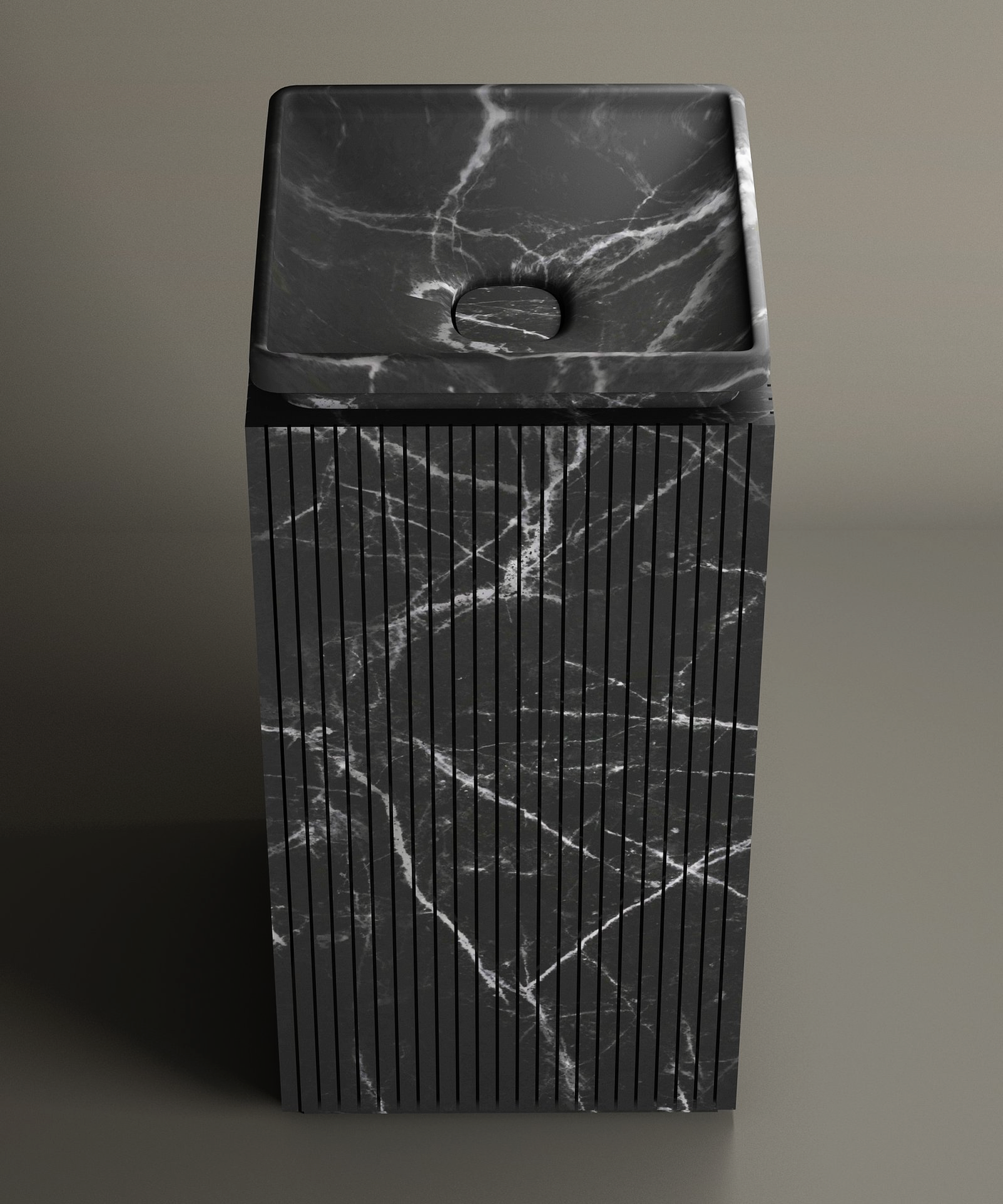 The TRAVERTABLE Nero Marquina Square Marble Pedestal Vanity Sink, crafted from black marble with white veining and vertical grooves, adds striking elegance to contemporary bathrooms against a plain, neutral backdrop.