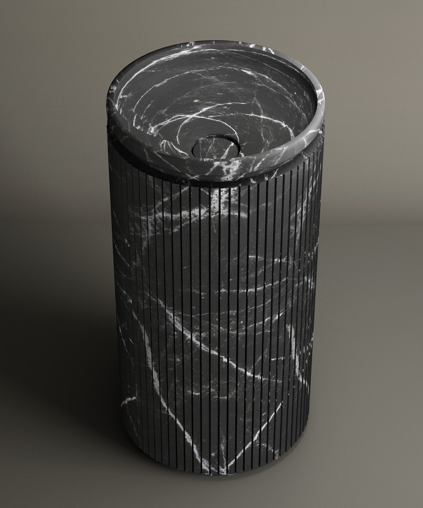 The TRAVERTABLE Nero Marquina Round Marble Pedestal Vanity Sink, with bold white veining and vertical grooves, features a recessed circular lid and compact central handle—an elegant touch for any bathroom setting.