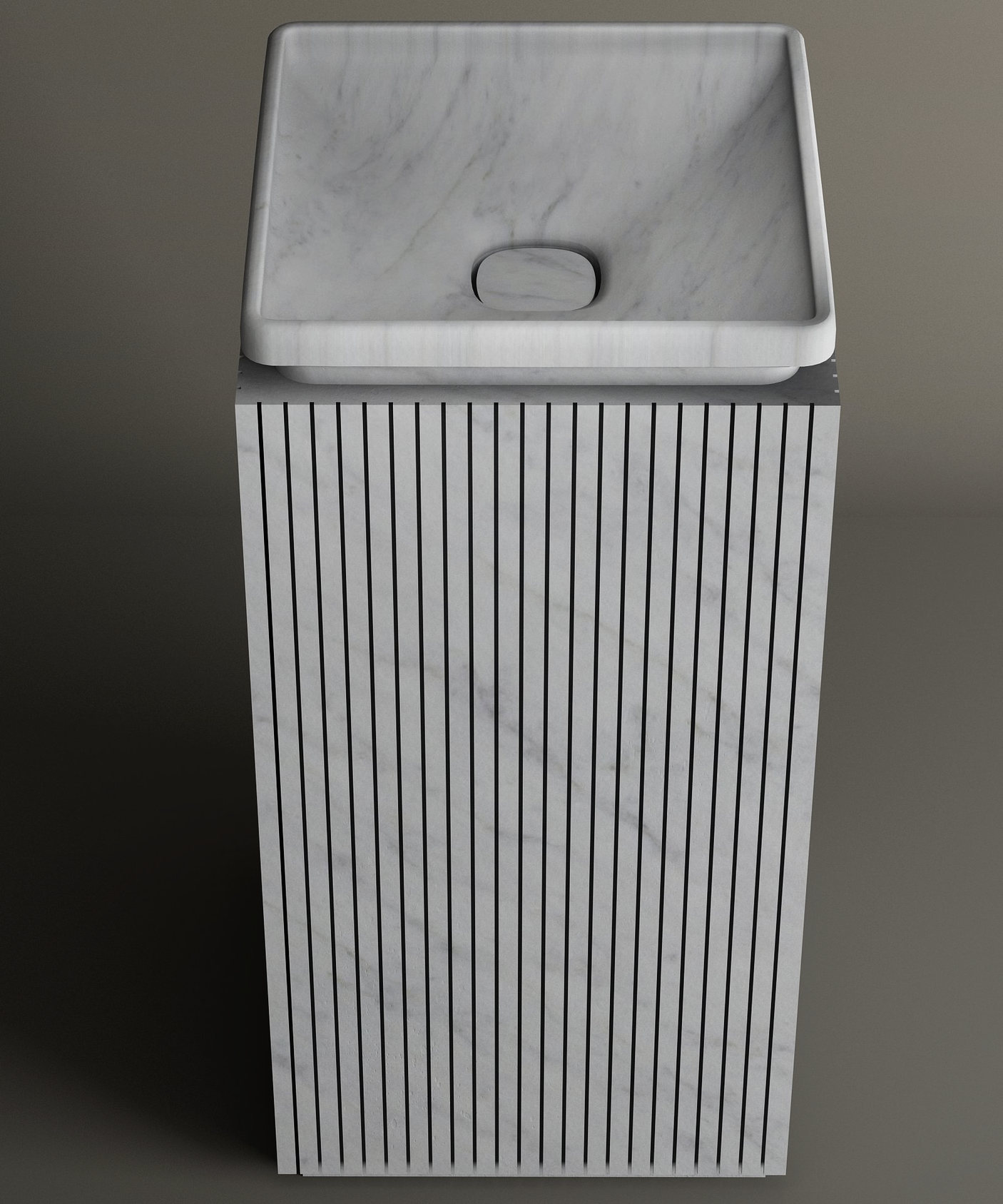 The TRAVERTABLE Carrara Square Marble Pedestal Vanity Sink features a rectangular basin and vertical grooves on its pedestal, making it ideal for elegant interiors and stunning against a plain background.